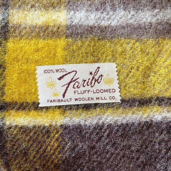 Faribo Fluff Loomed Yellow Gray Brown Wool Plaid Checkered Fringe Blanket Throw - Picture 3 of 11